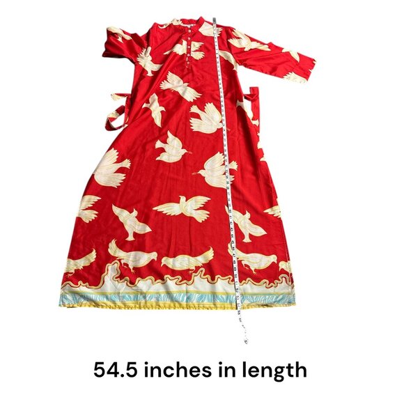 Red Long-Sleeve Bird Print Maxi Dress By Modaposa Button-Front With Tie Waist Wo - Picture 10 of 10